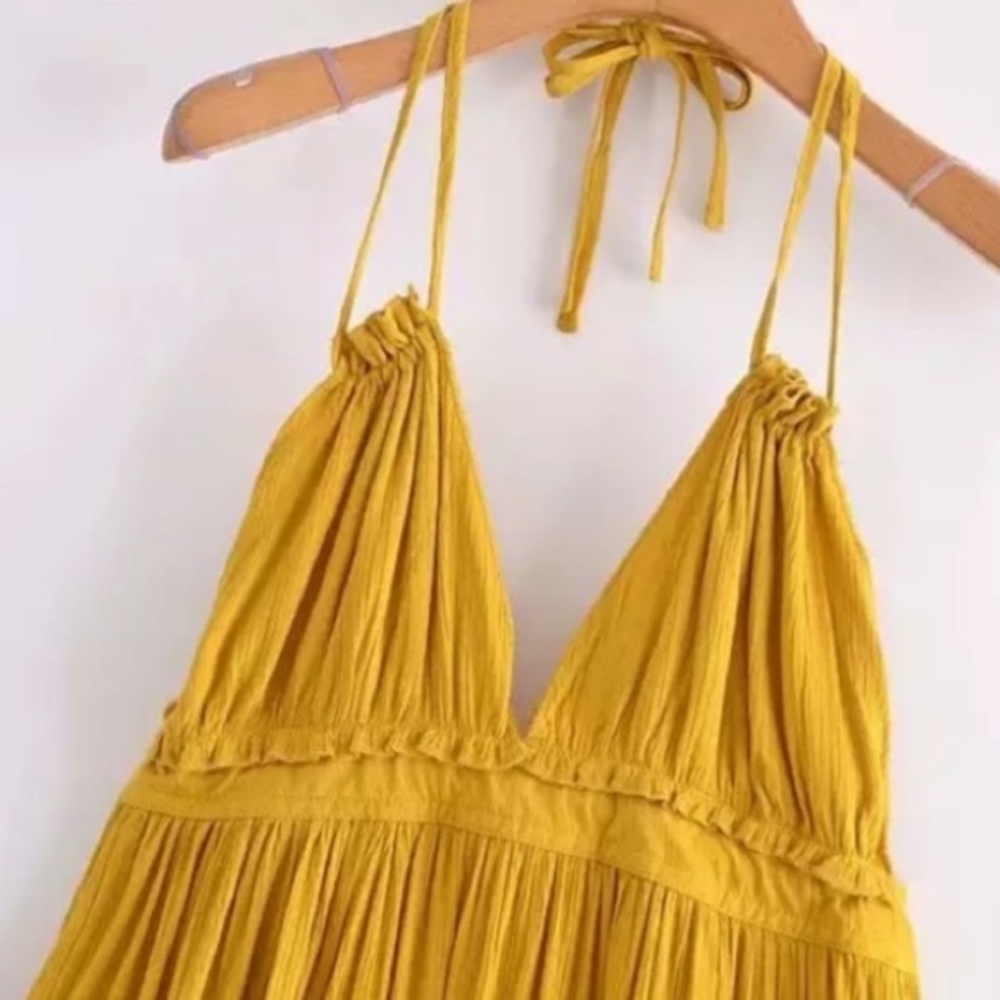 SOLD OUT Mustard Swiss Dot Mesh Ruffle Halter Mini Dress - Picture 6 of 10